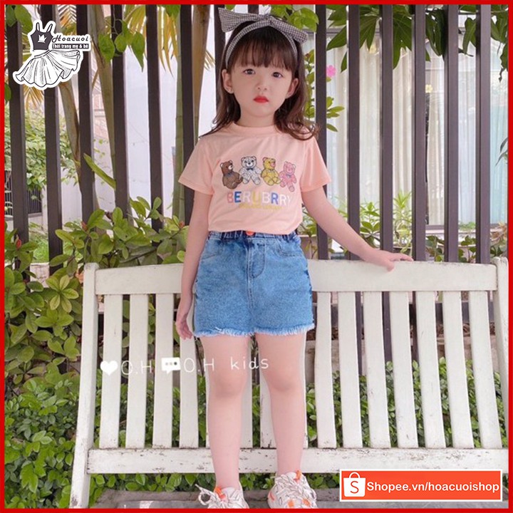 Set chân váy Jean HC01 kèm áo thun tay ngắn in hình gấu cho bé từ 10-36kg siêu dễ thương, hàng Việt Nam xuất khẩu