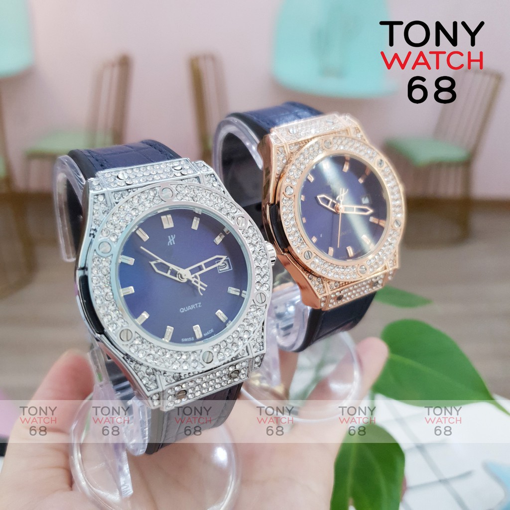 Đồng hồ nữ HULO mặt xanh dây cao su giả da mặt đính đá pha lê chống nước chính hãng Tony Watch 68 -Hàng nhập khẩu