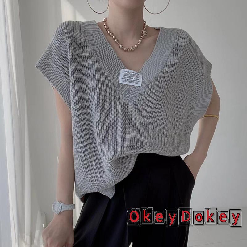 OKDK-Women Knitted Vest Letters Applique Pattern V-neck Cap Sleeve Knitwear
