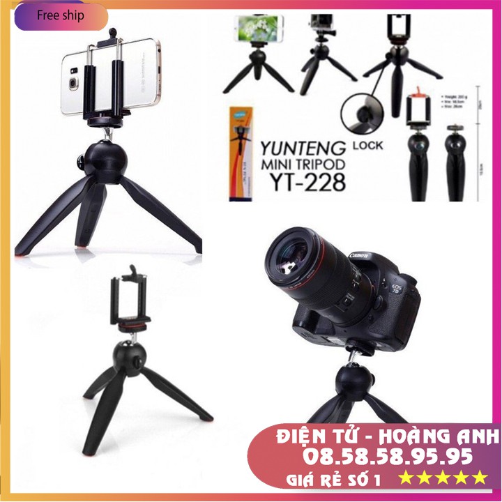 Chân đế kẹp điện thoại, máy ảnh Tripod mini Yunteng YT228 - MT01 chống trượt 3 chân xoay 360 độ + Đầu kẹp