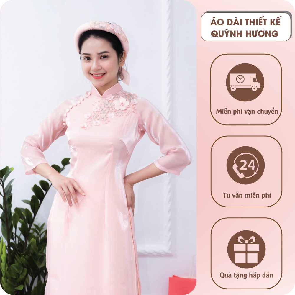 Áo dài voan hồng đính hoa 3D (form nhỏ, khách tăng 1 size, chat với shop trước khi đặt hàng)
