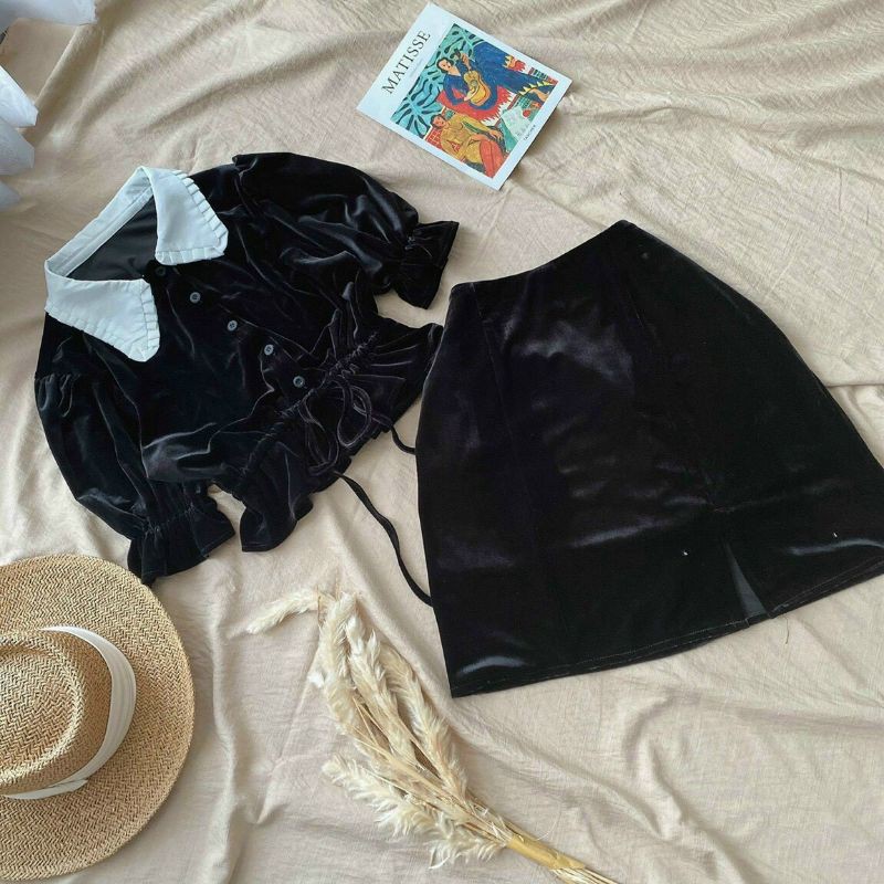 Set nhung áo đen cổ sen rút dây eo + chân váy xẻ