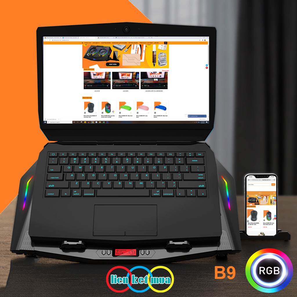 Quạt làm mát Laptop Bamba B8 và Bamba B9 có Led RGB ( 2 Quạt lớn) - Đế tản nhiệt Laptop có Led RGB