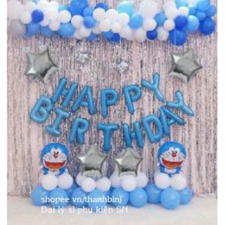 [ Tặng Bơm+Keo dán] Sét Rèm+Bóng chủ đề Doraemon trang trí sinh nhật thôi nôi !