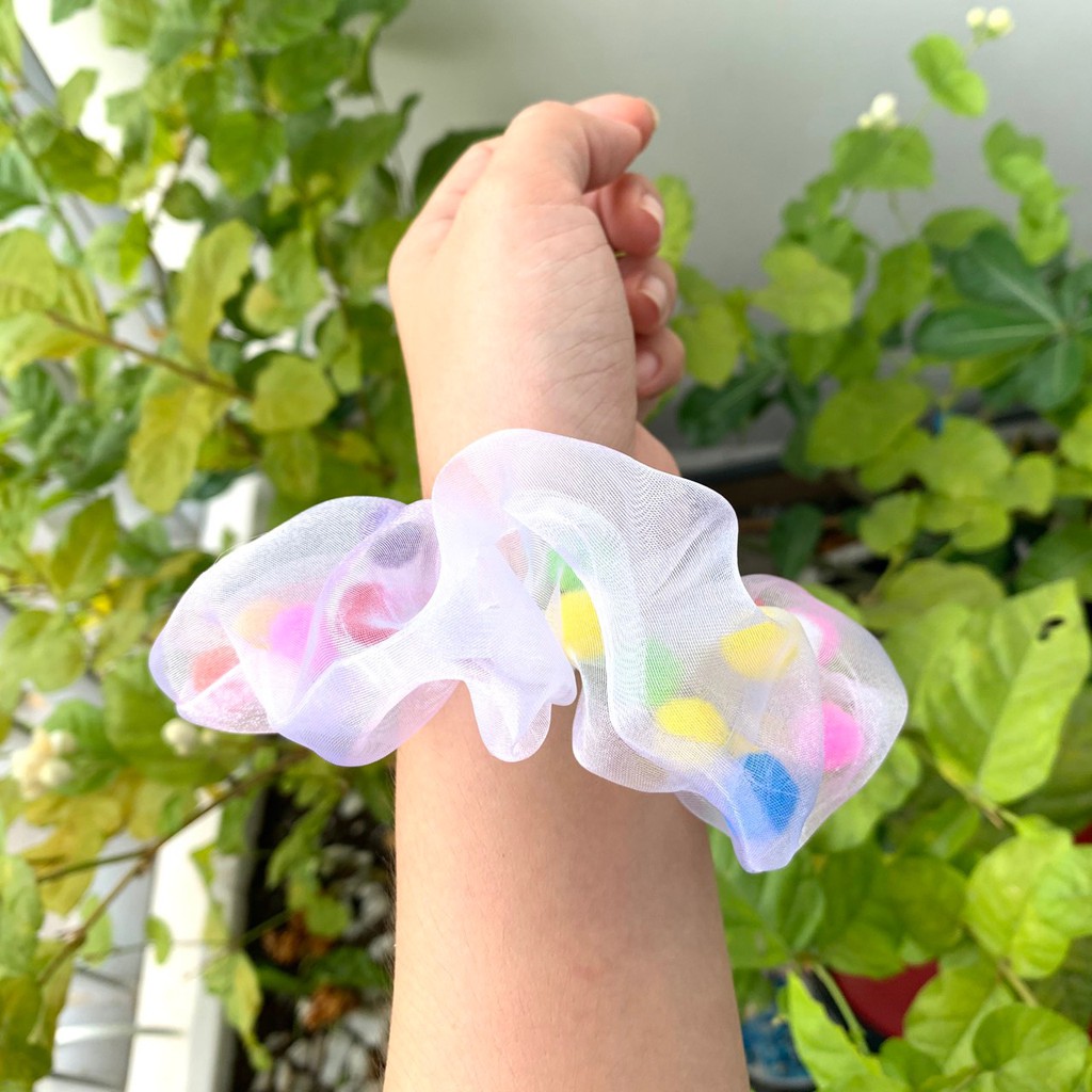 Cột tóc scrunchies mix pompom