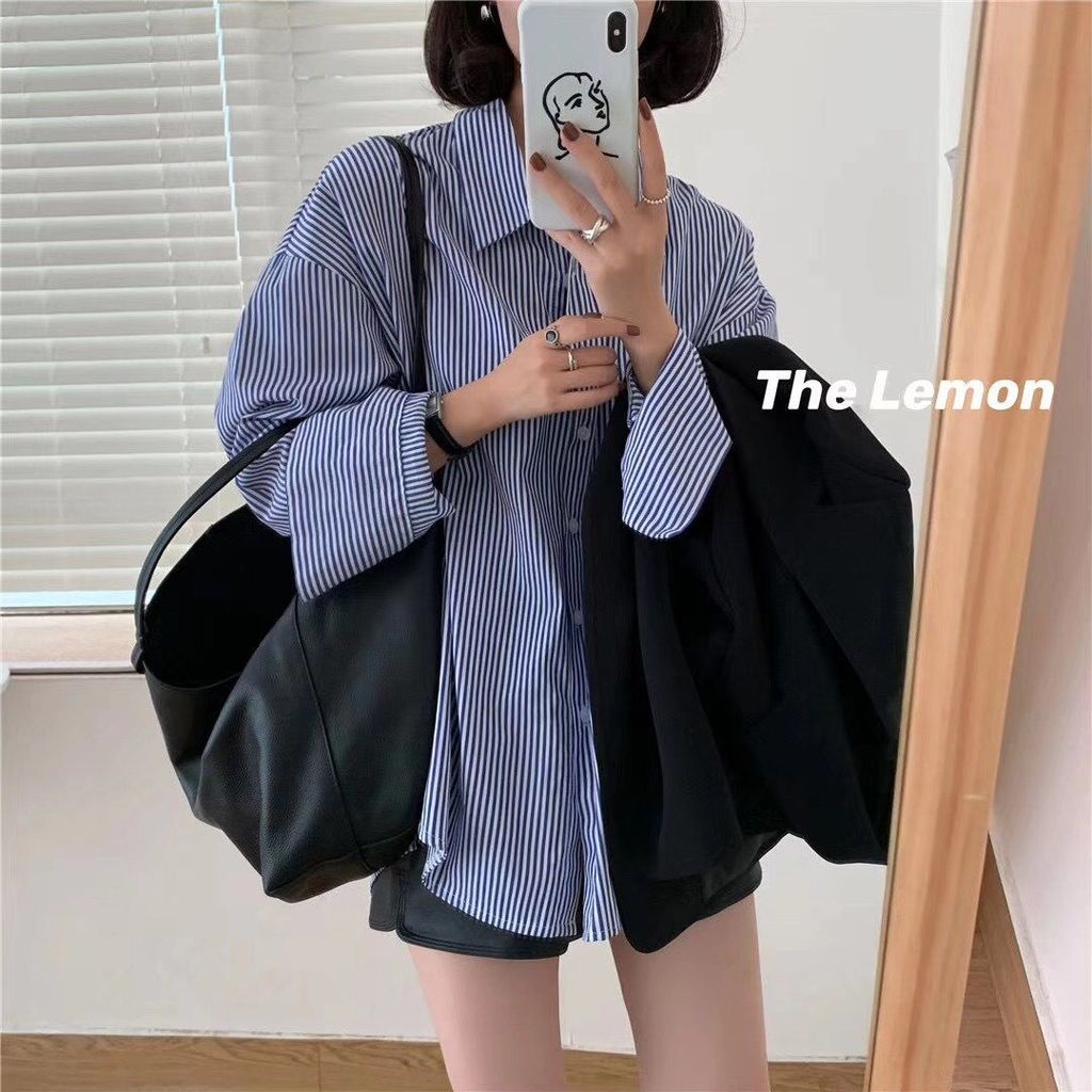 Áo sơ mi dáng rộng kẻ sọc thời trang xuân thu mới cho nữ