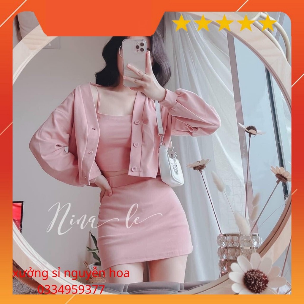 Set váy 3 món ( chân váy + áo croptop 2 dây + khoác croptop ) 3 màu hồng/trắng/đen siêu dễ thương Nguyễn Hoa