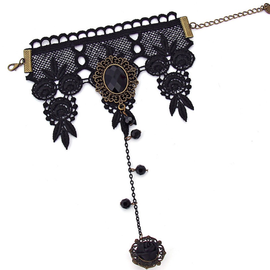 Vòng tay choker nữ ren đen đính nhẫn hoa hồng phong cách quý phái