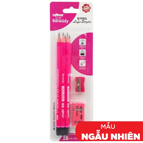 Bộ 6 Bút Chì Gỗ 2B + 1 Gôm + 1 Đồ Chuốt Life Style - Dolphin DOL-PSE172 (Mẫu Màu Giao Ngẫu Nhiên)