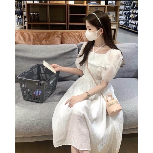 ĐẦM TRẮNG BO CHUN BẸT VAI BÈO NGỰC MIDI