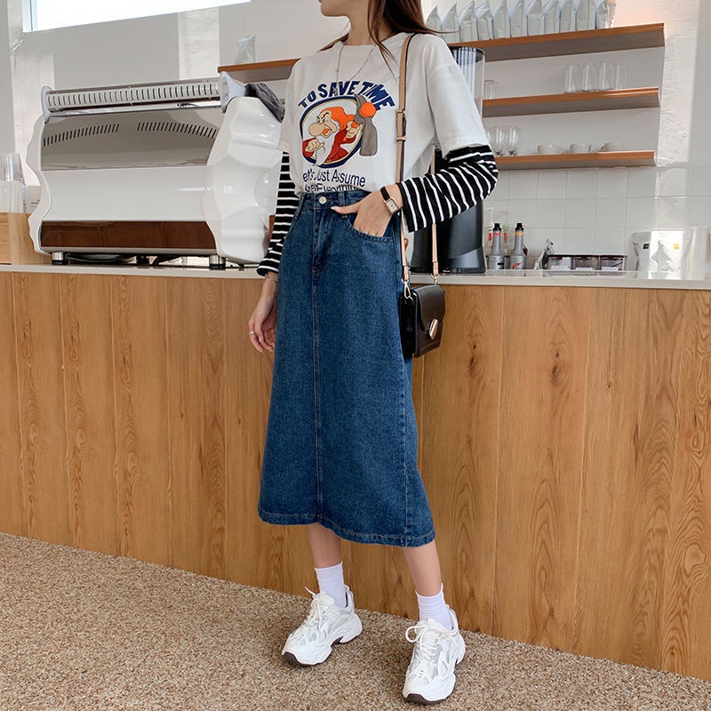 Chân váy jean Lưng Cao Dáng Chữ A Phong Cách Retro Dành Cho Nữ