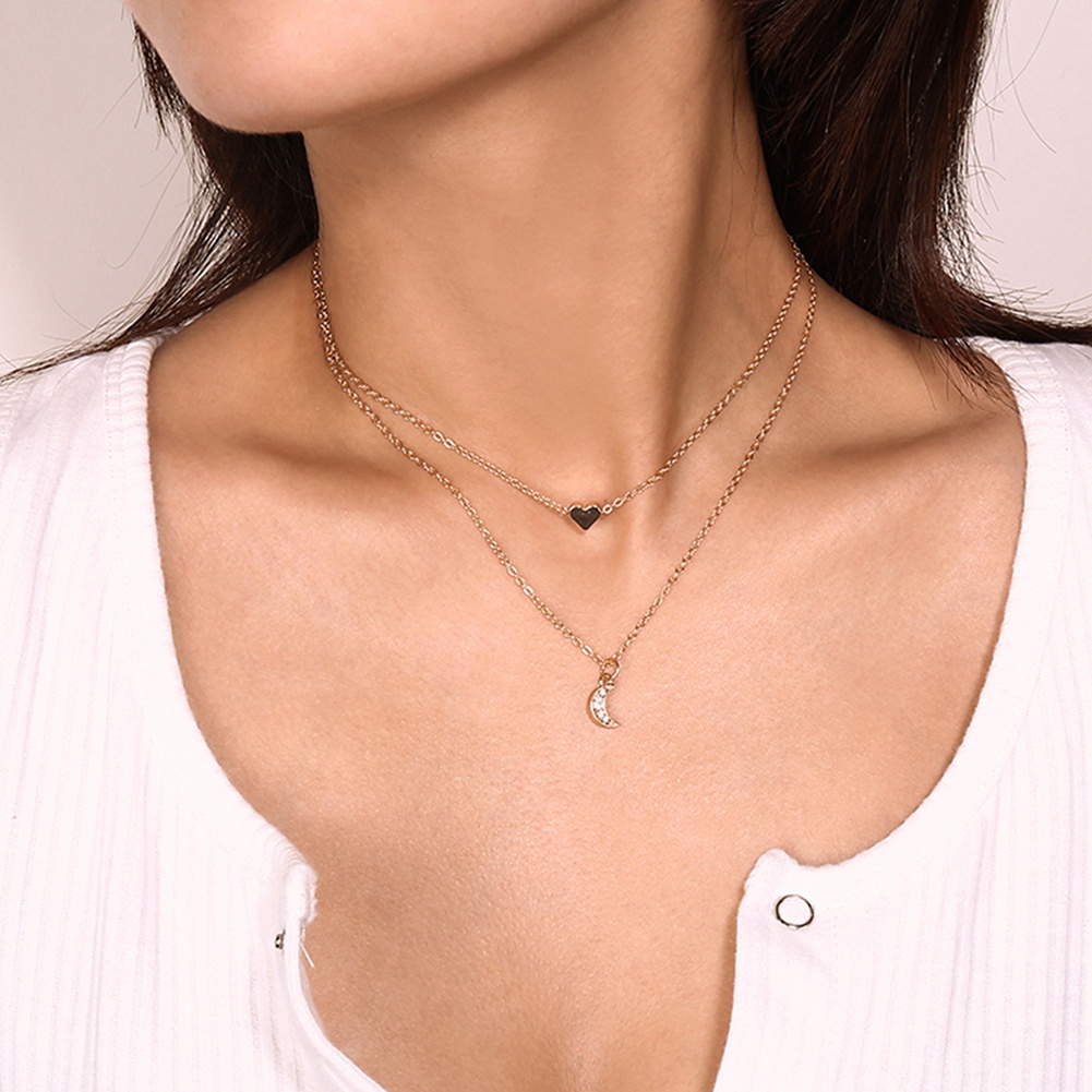 Vòng cổ nữ 2 lớp phối mặt hình mặt trăng/trái tim đính đá thời trang