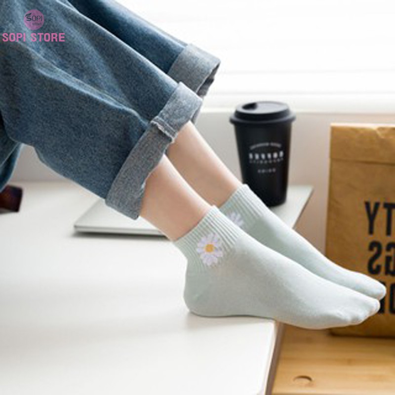 Tất nữ cổ ngắn hoa cúc hoạ mi dễ thương, vớ nữ cổ ngắn cute đi giày thể thao siêu cool Sopi Store T2