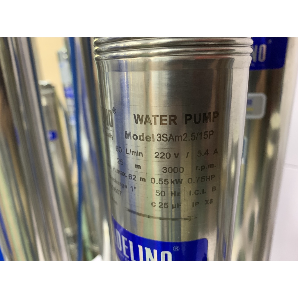 Máy bơm hỏa tiễn 0.75hp 1pha 3SAm2.5/15 ống xả 34mm thả giếng khoan 90mm trở lên. ADELINO chất lượng Đức