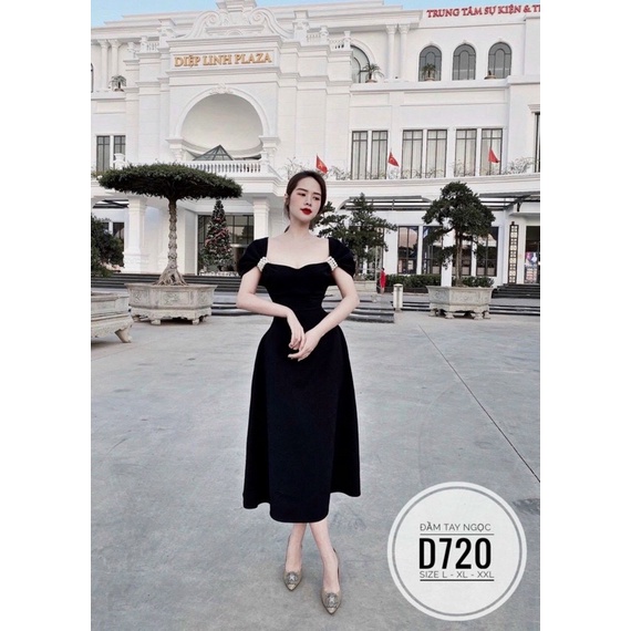 Đầm thun đen dáng dài qua gối cổ kết cườm có tay chườm vai bigsize (L/XL/2XL)
