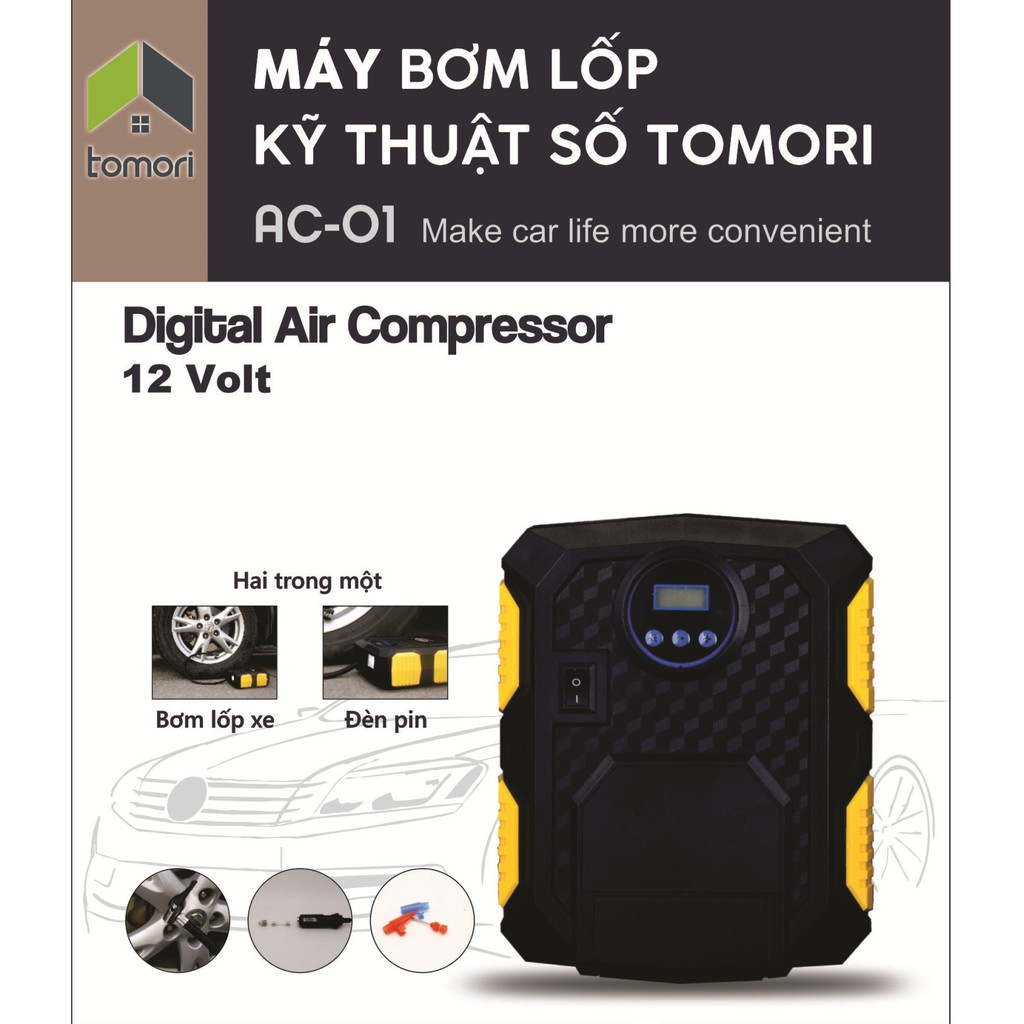 MÁY BƠM LỐP Ô TÔ TỰ NGẮT TOMORI 12V AC-01 (Bảo hành 12 tháng)