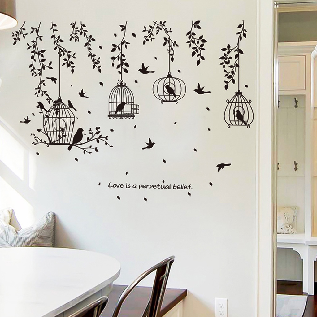 Black Birdcage Leaves Silhouette Wall Decor Sticker Living Room Bedroom Decal