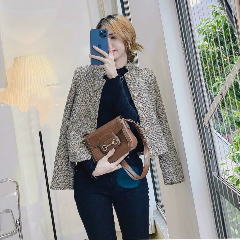 Áo khoác dạ tweed khuy đồng croptop siêu sang A17081