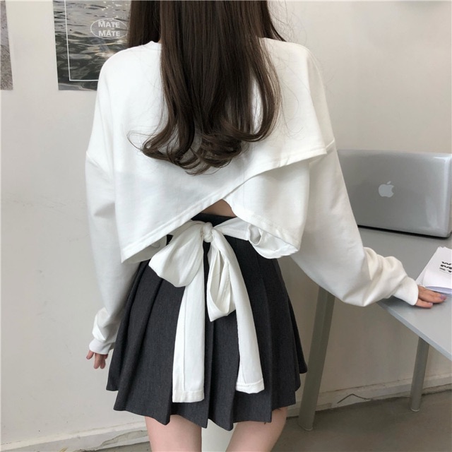 [Order taobao Croptop nỉ mỏng xẻ, buộc nơ lưng ullzang