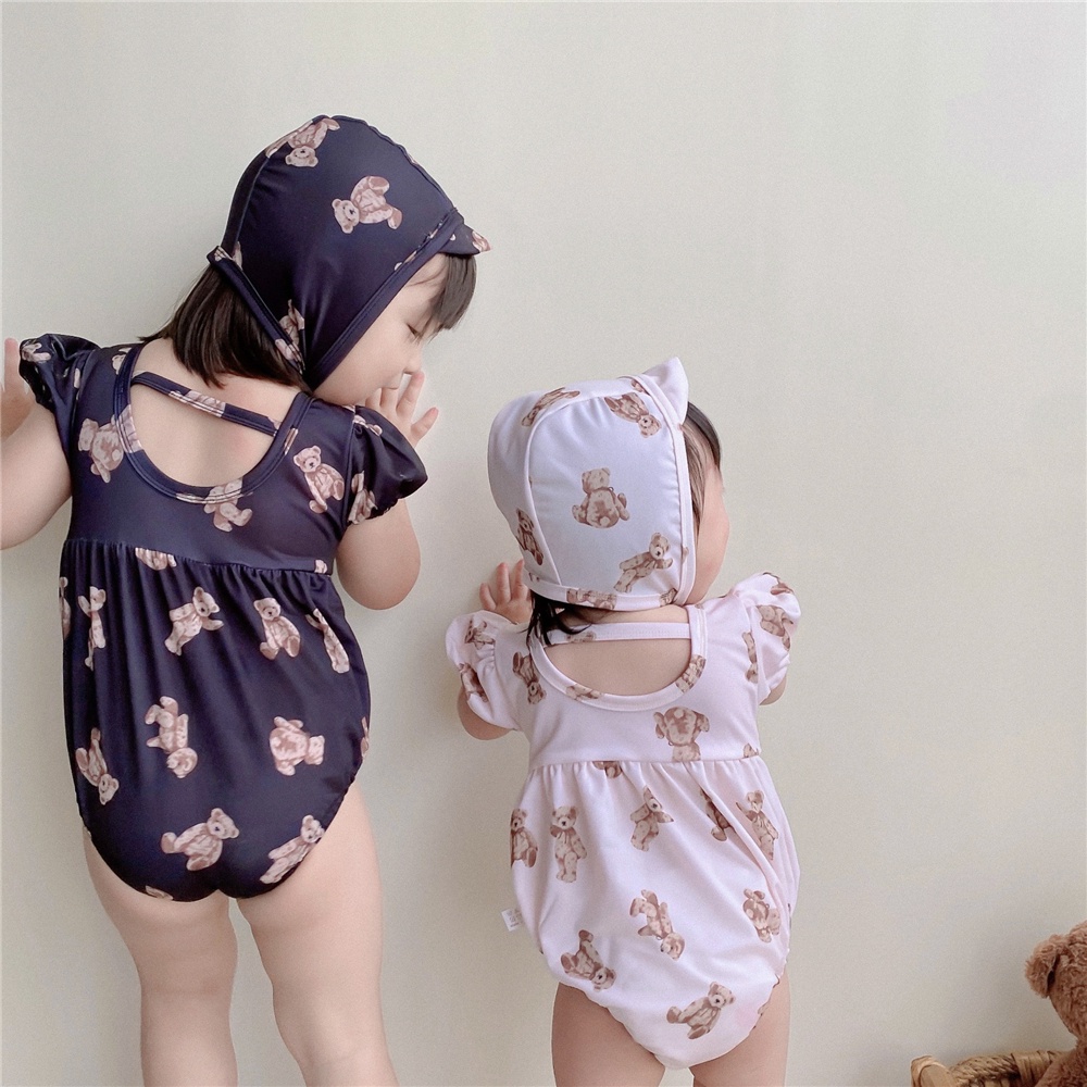 Bộ Đồ Bơi Liền Thân Tay Ngắn In Hình Gấu + Nón Thời Trang Mùa Hè Cho Bé