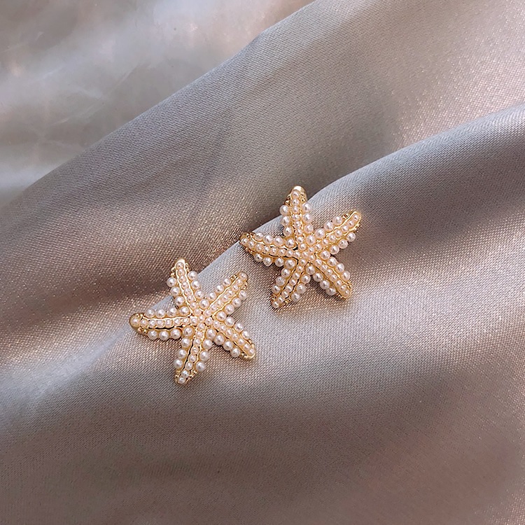 Khuyên tai mạ bạc S925 hình ngôi sao biển đính đá ngọc trai đơn giản