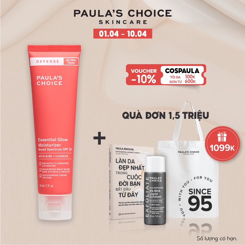 Kem dưỡng tái tạo da chống nắng phổ rộng SPF 30 Paula's Choice Defense Essential Glow Moisturizer SPF30 60ml 2230