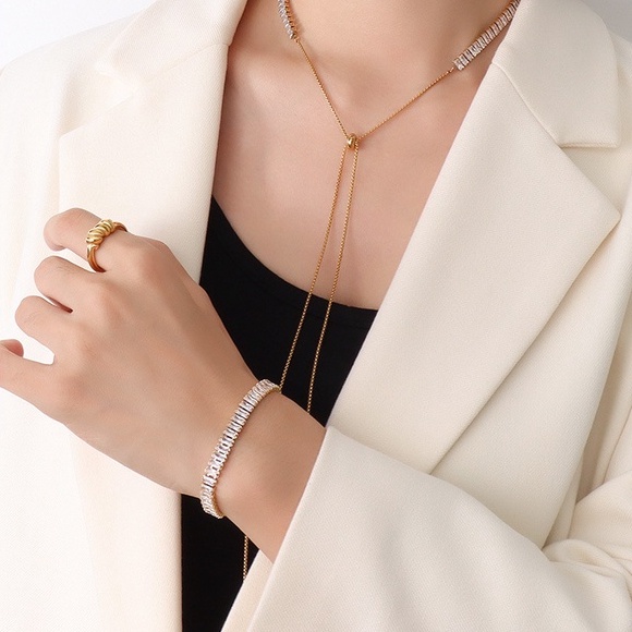 Dây chuyền choker và lắc tay titan đính đá lấp lánh kiểu dây rút dáng dài không gỉ WB2210