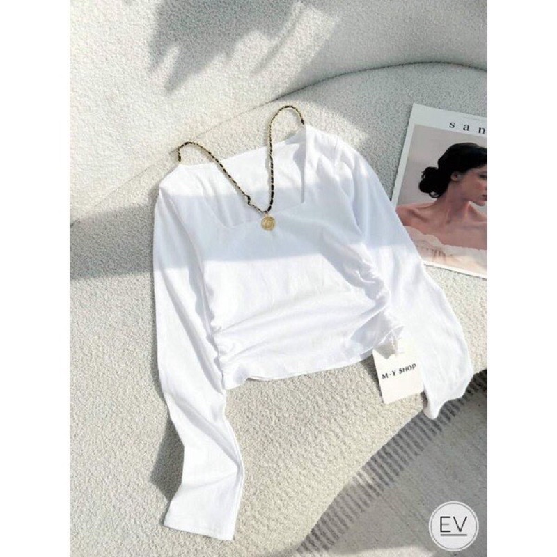 Áo thun cổ vuông dây xích tay dài vải cotton 100%
