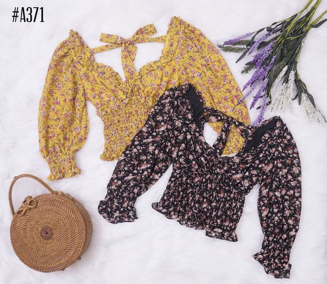 Áo voan hoa nhún chỉ viền bèo tay lỡ