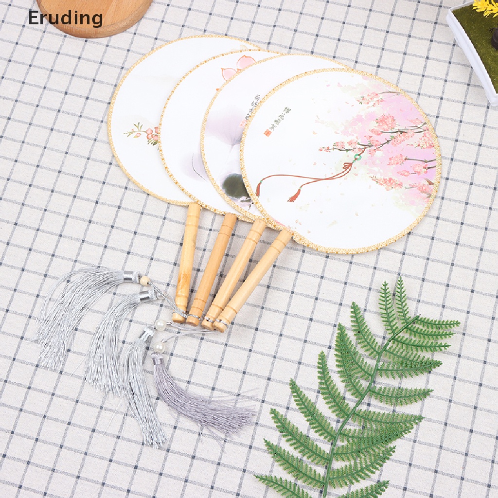 [Eruding] Quạt Tròn Cầm Tay In Họa Tiết Phong Cách Trung Hoa Cổ Điển Với Tay Cầm Bằng Gỗ