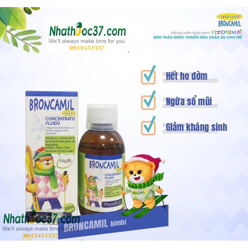 Siro ho Fitobimbi Broncamil 200ml giảm ho ba tác động, hết ho đờm, giảm kháng sinh