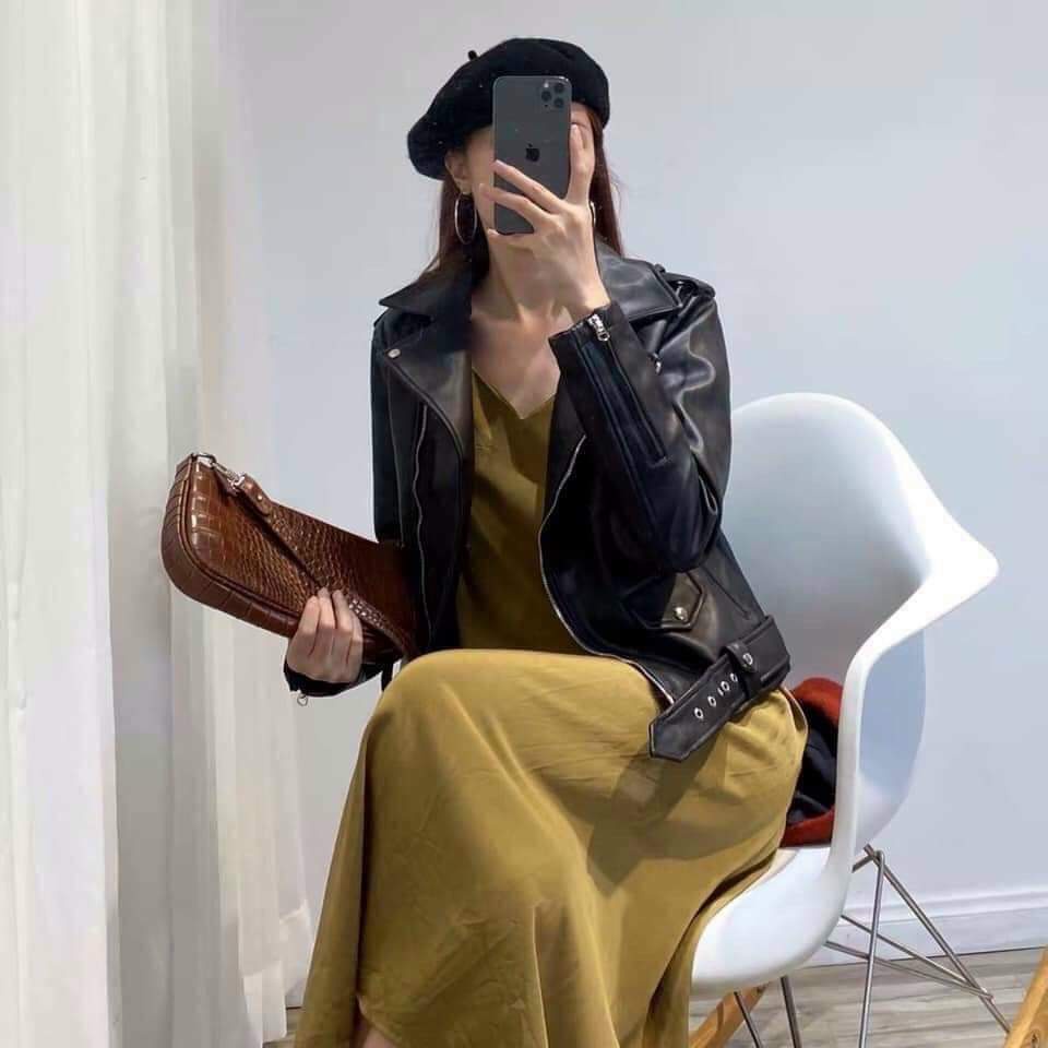 Áo khoác da đai dưới 2 màu đen kem - Hàng đẹp