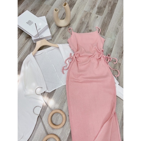 SÉT ĐẦM HỒNG RÚT DÂY KÈM KHOÁC