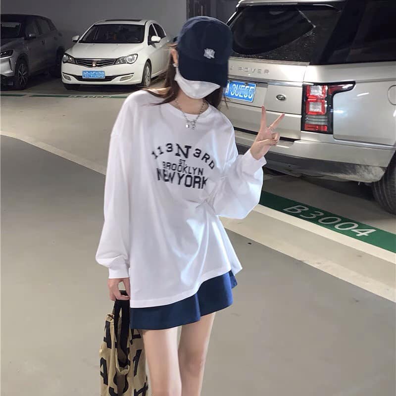 Set bộ ullzang áo thun dài tay New York mix quần đùi thun, bộ ngủ mặc thu đông
