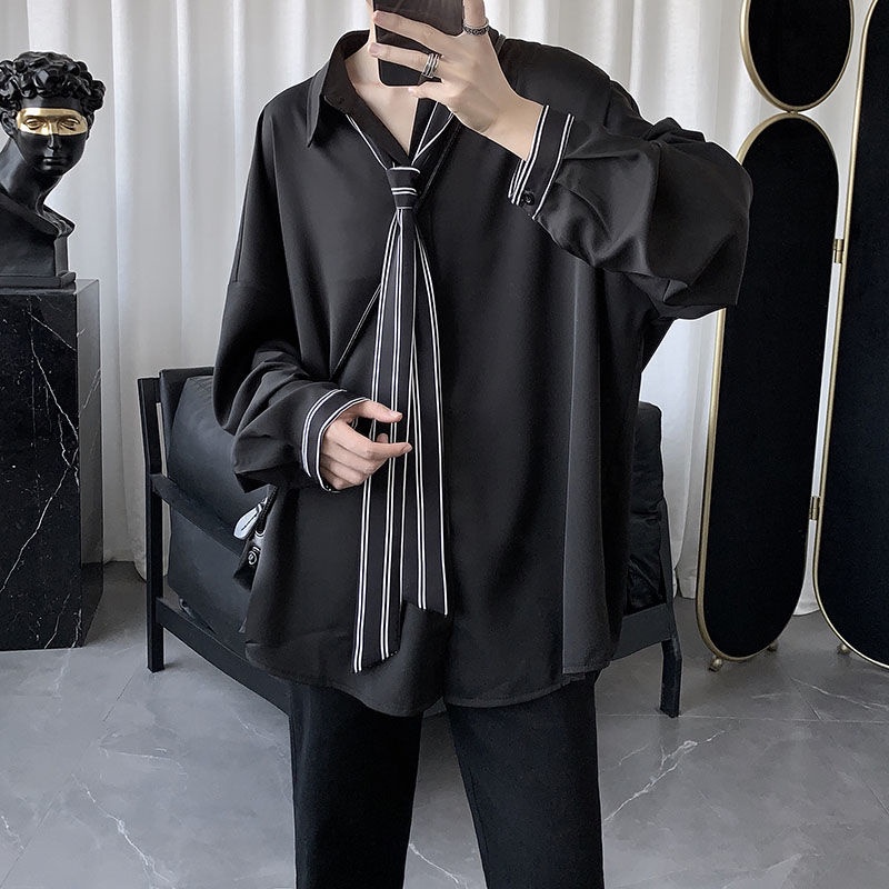 Áo Sơ Mi Tay Dài Họa Tiết Cà Vạt Thời Trang Hàn Quốc Cho Nam Nữ