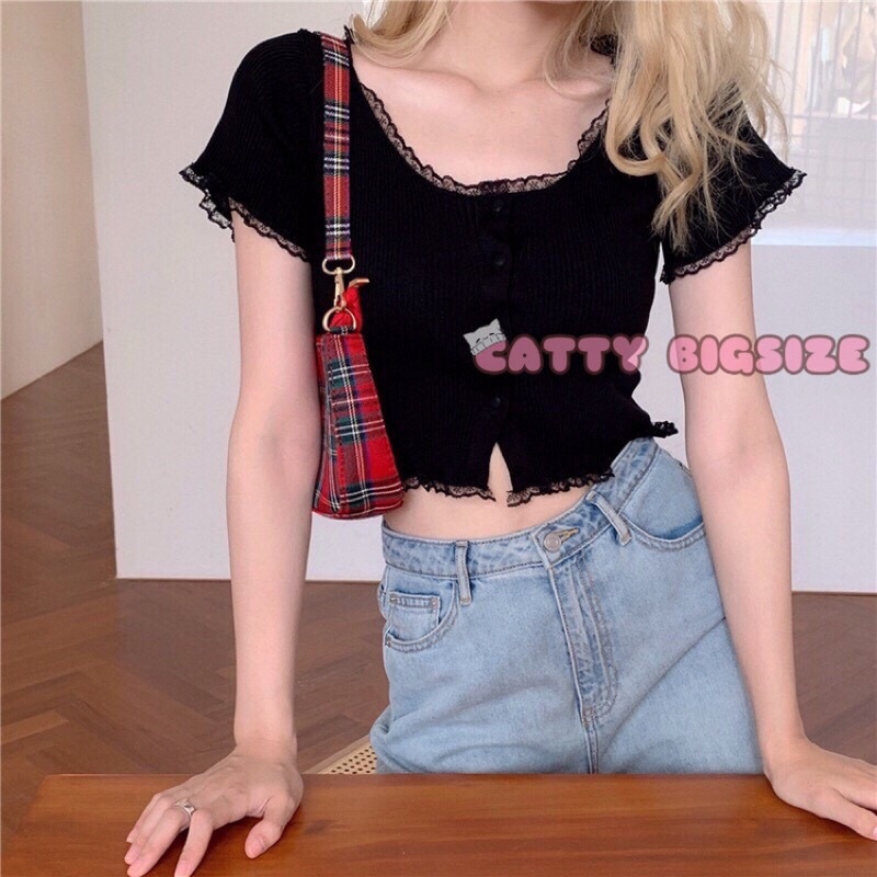 Áo Croptop Dệt Kim Tay Ngắn Phối Ren Bèo Kiểu Hàn Quốc Xinh Xắn Cho Nữ