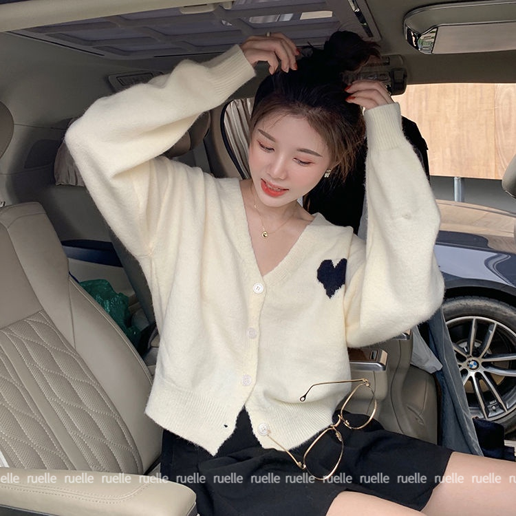 Áo Khoác Cardigan Len Dệt Kim Mỏng Tay Dài Cổ Chữ V Thêu Hình Trái Tim Màu Sắc Tương Phản Phong Cách Hàn Quốc