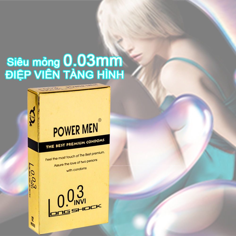 Bao cao su siêu mỏng POWER MEN 0.03 INVI kéo dài thời gian quan hệ chống xuất tinh sớm bcs nhiều gel bôi trơn