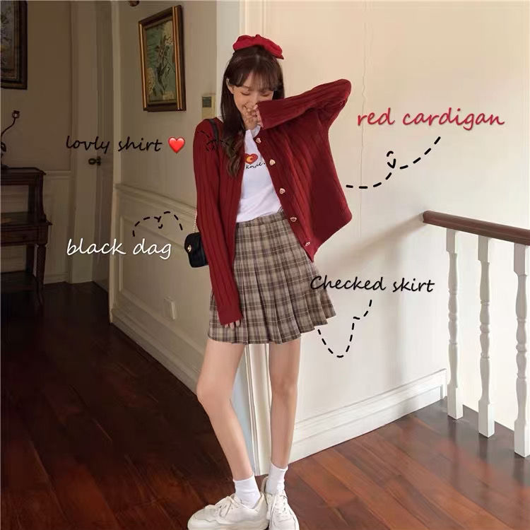 Áo khoác cardigan màu đỏ phong cách Hàn Quốc thời trang nữ tính
