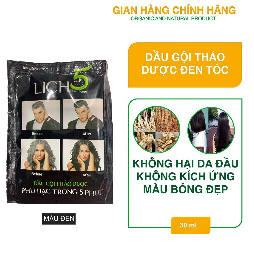 Dầu Gội Phủ Bạc Lich5, Nhuộm Tóc Thảo Dược Đen Tóc Cocayhoala làm đen tóc trong 5 phút - hộp 10 gói