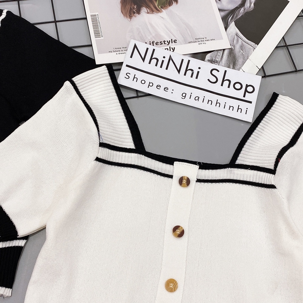 Áo len cộc cổ vuông viền bo gấu cúc giữa len mịn co giãn AL6530 - NhiNhi Shop
