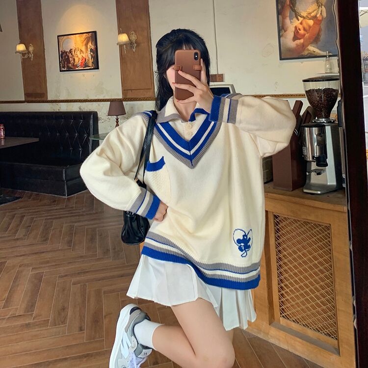 Áo thun polo ZHELIHANGFEI dài tay giả hai lớp phong cách preppy dễ phối đồ cho nữ