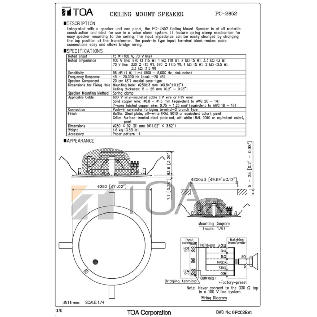 Loa âm trần lưới mịn 15W TOA PC-2852