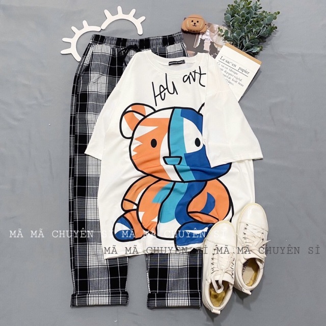 Sét áo gấu ba màu + quần kẻ đen