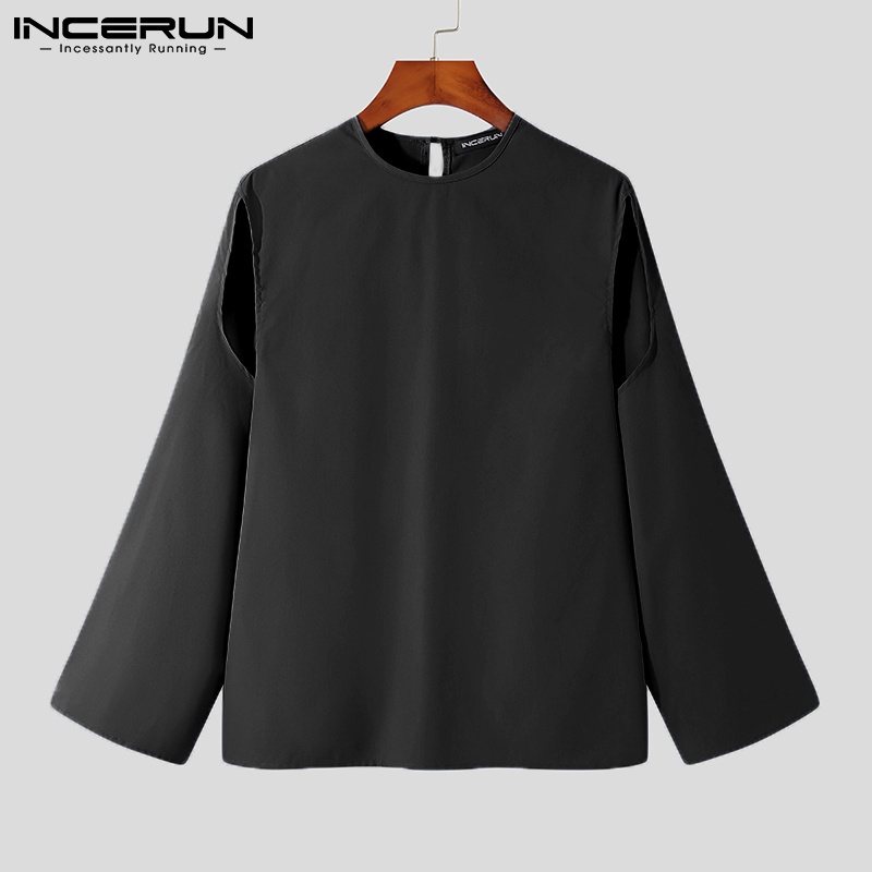 Áo thun INCERUN cổ tròn dài tay thiết kế cắt hở 3 màu thời trang cho nam
