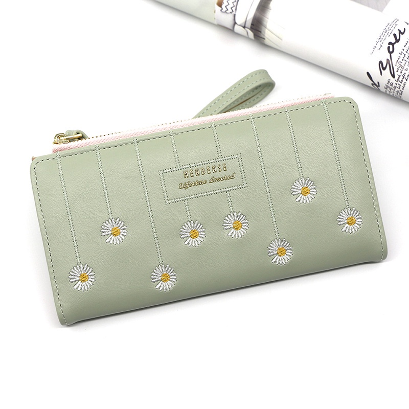 Ví Cầm Tay Dáng Dài Nhiều Ngăn Đựng Thẻ Thêu Hoa Cúc Nhỏ Dễ Thương Cho Nữ