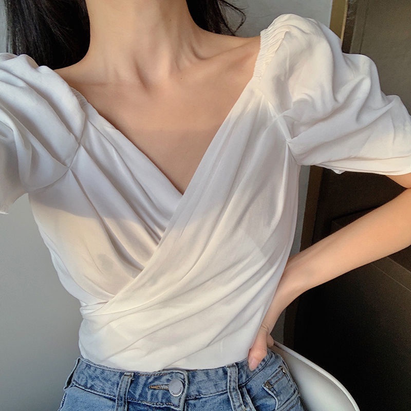 AMOI Áo Kiểu Tay Phồng Cổ Chữ V Thời Trang Cho Nữ