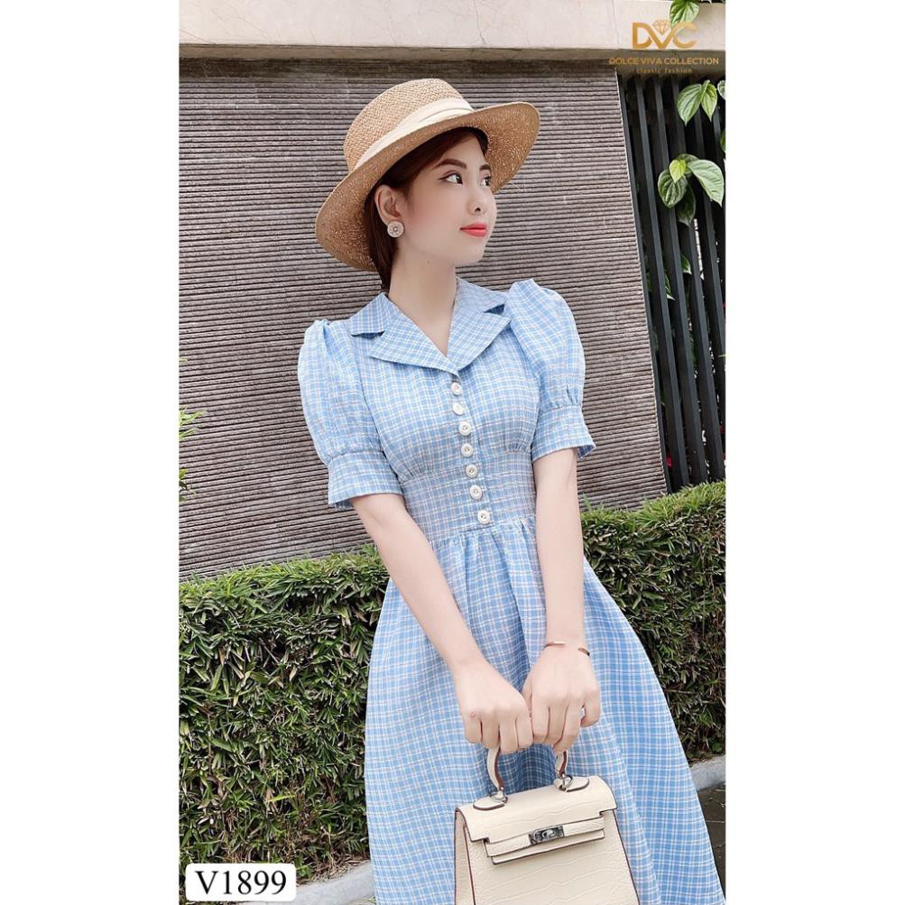 Váy xanh kẻ xòe V1899 - ĐẸP SHOP DVC ( Ảnh mẫu và ảnh trải sàn do shop tự chụp ) 👗 * ྇ ྇