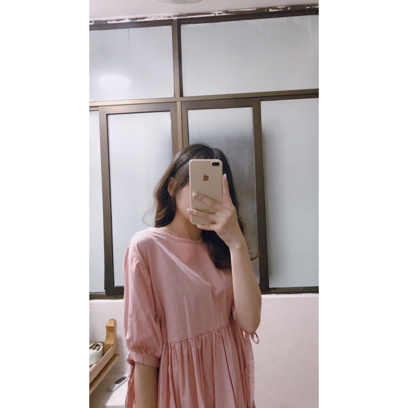 pass váy babydoll màu hồng pastel tay buộc nơ