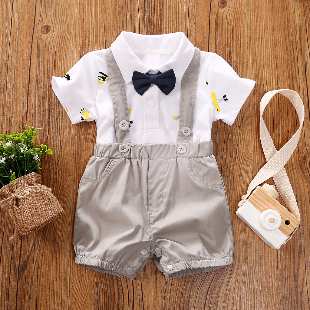 Set áo liền quần vải cotton mềm màu trơn phối quần yếm thời trang mùa hè năng động xinh xắn cho bé trai